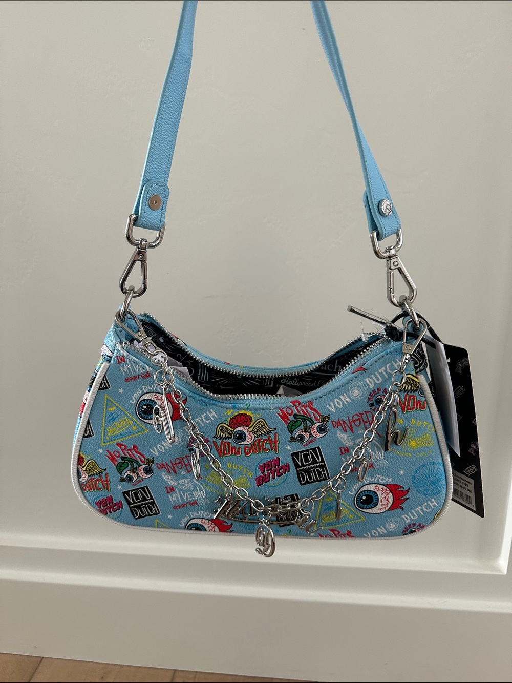 Von Dutch Sky Blue Graphic Chain Shoulder Bag
